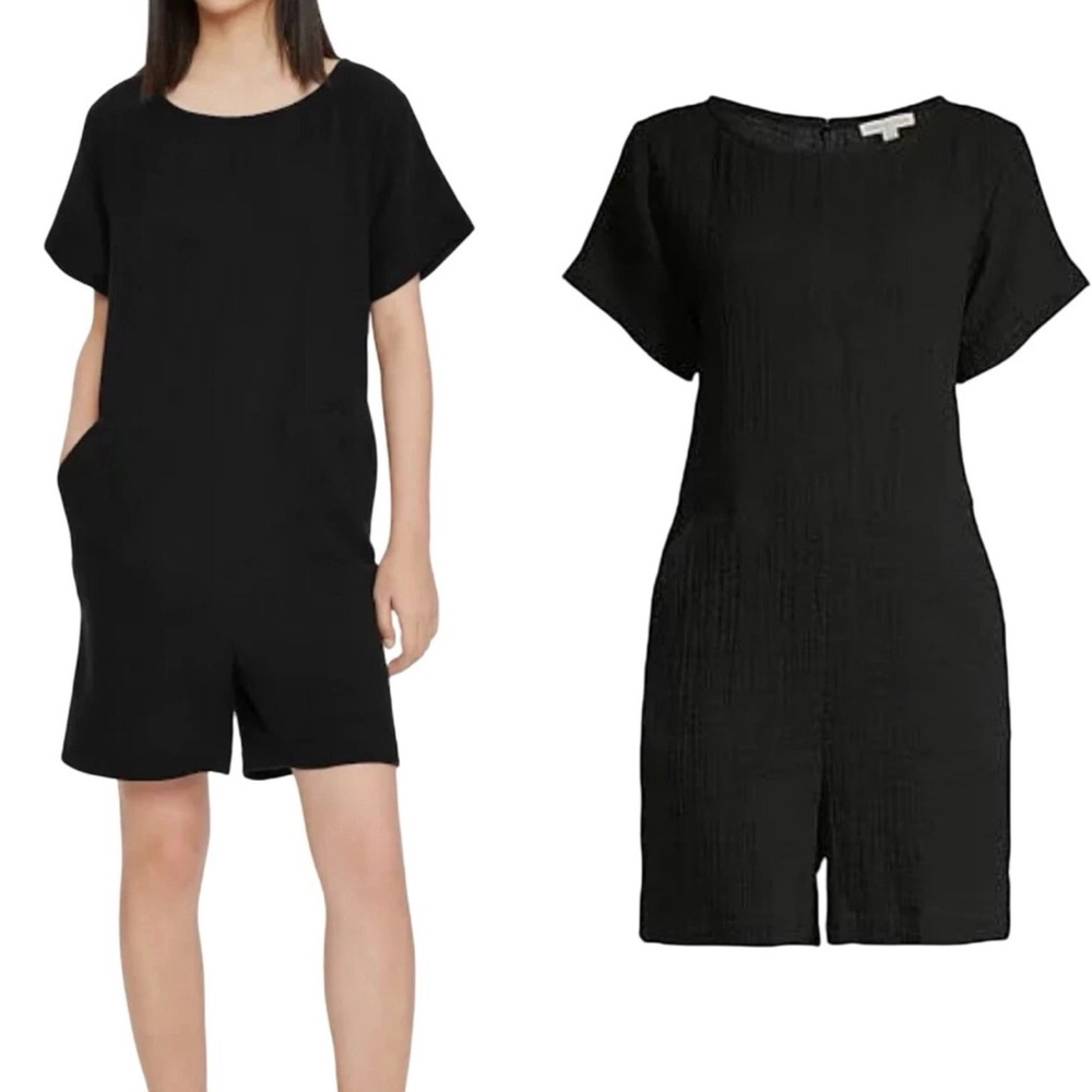 Eileen Fisher Romper Jumpsuit Black Organic Cotton Gauze Short Sleeve size Large